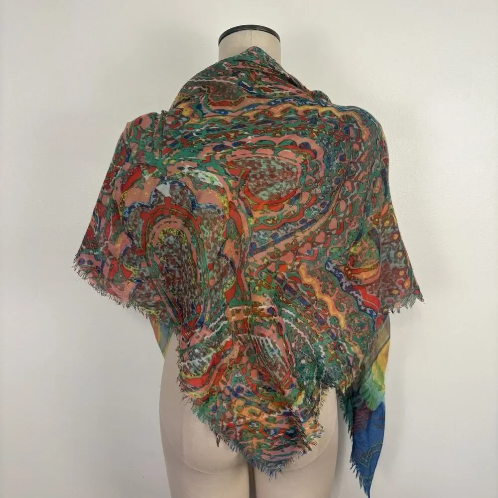 Vibrant Multi Color Paisley Abstract Scarf Large Square Lightweight Fringed